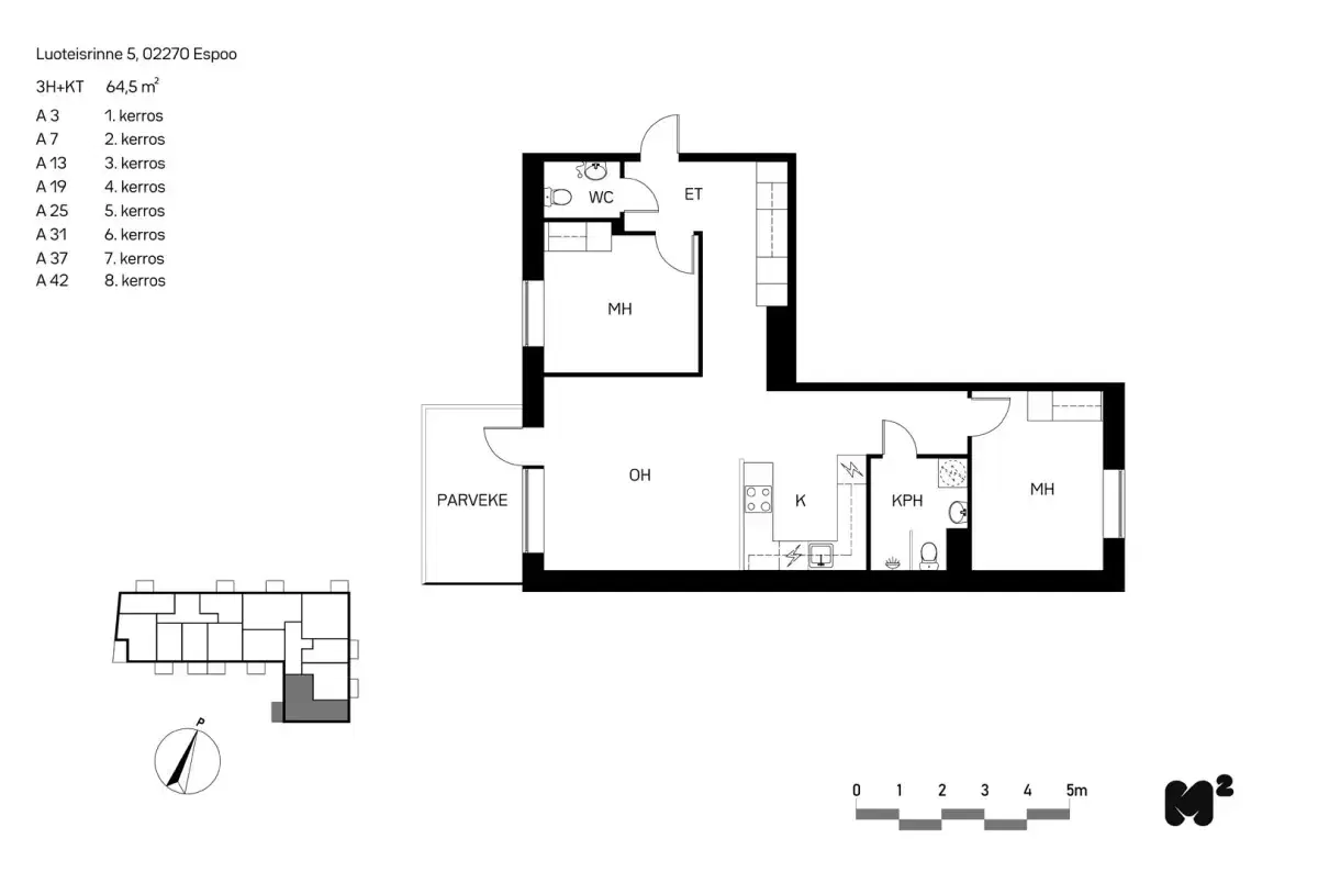 3h+kt 64,5 m², luoteisrinne 5 espoo 1