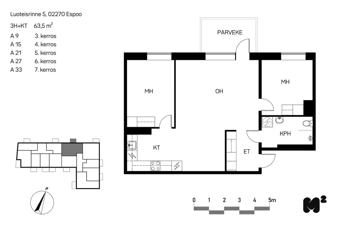 3h+kt 63,5 m², luoteisrinne 5 espoo 1